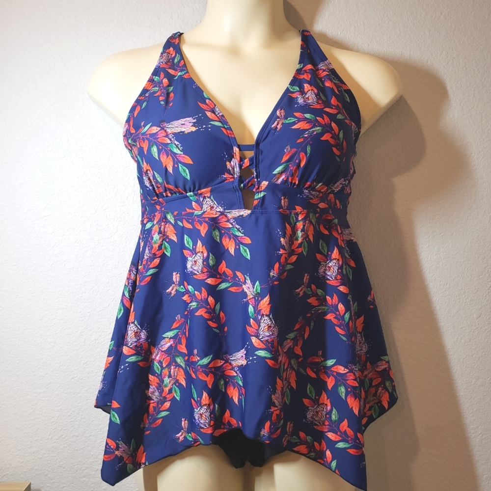 Travel & Relax Deep V Tankini Top Navy Floral 18